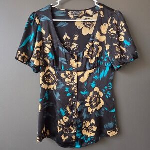 Guess Women's Black Floral Stretch Satin Button Front V Neck Blouse Size L‎ Y2K
